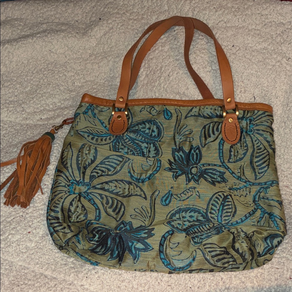 Lunch Money Boho Blue & Green Floral Patterned Tote Bag